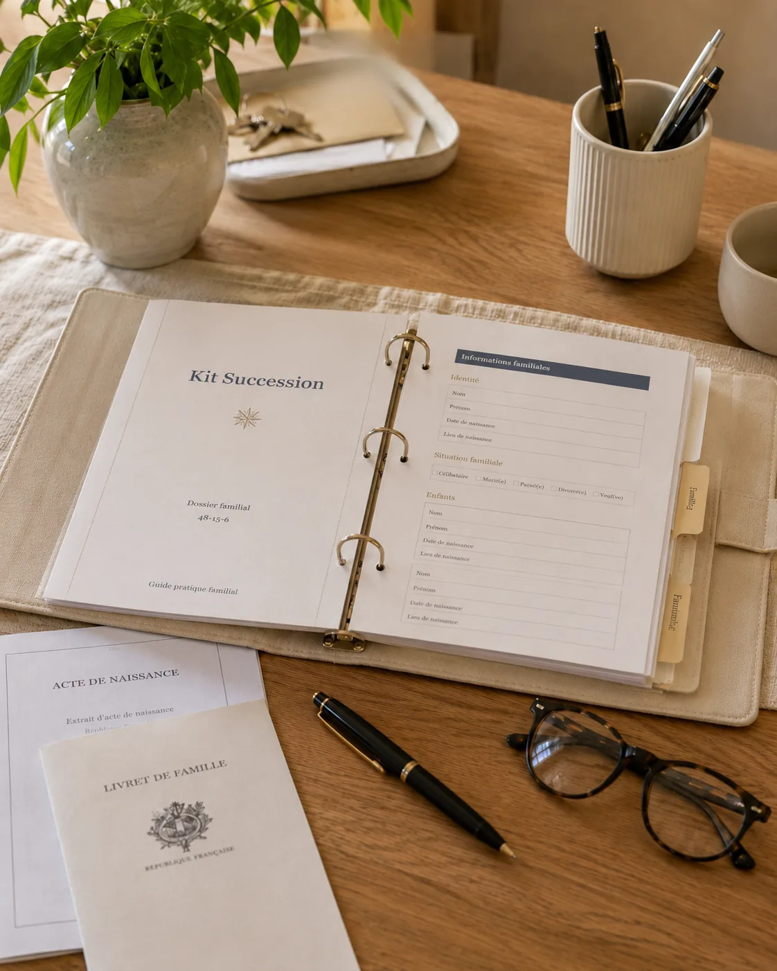 Le classeur Kit Succession ouvert, prêt à remplir