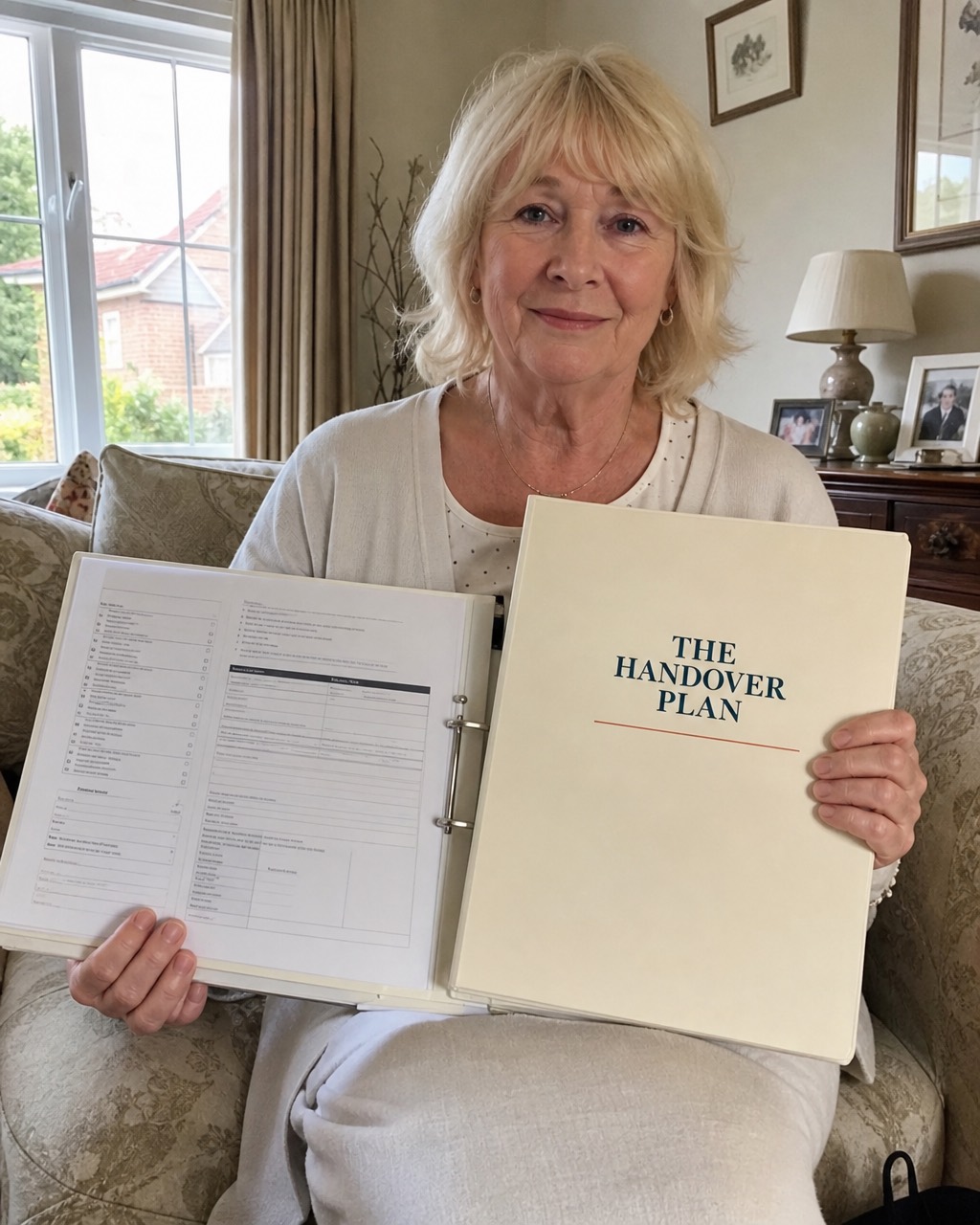 Anne T. in her living room with her Handover Plan folder open