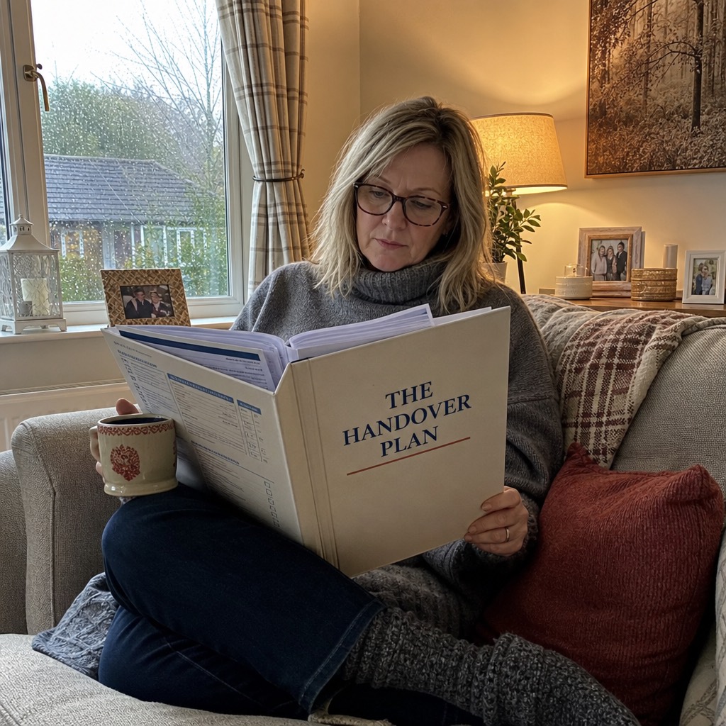 A customer in her living room in England with her completed Handover Plan folder