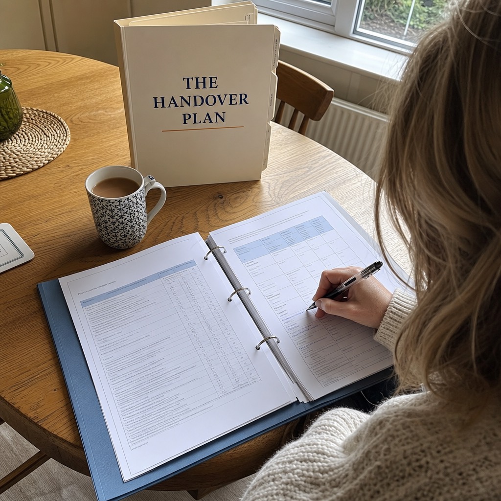 A customer filling in her care home comparison grid at the kitchen table