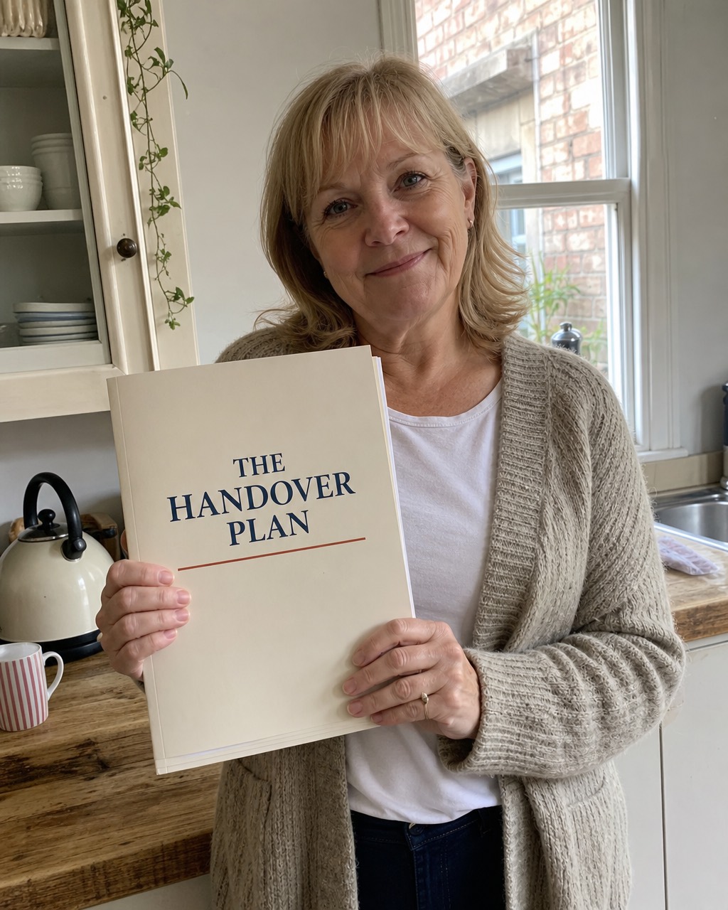 A customer in her kitchen in England presenting her completed Handover Plan folder