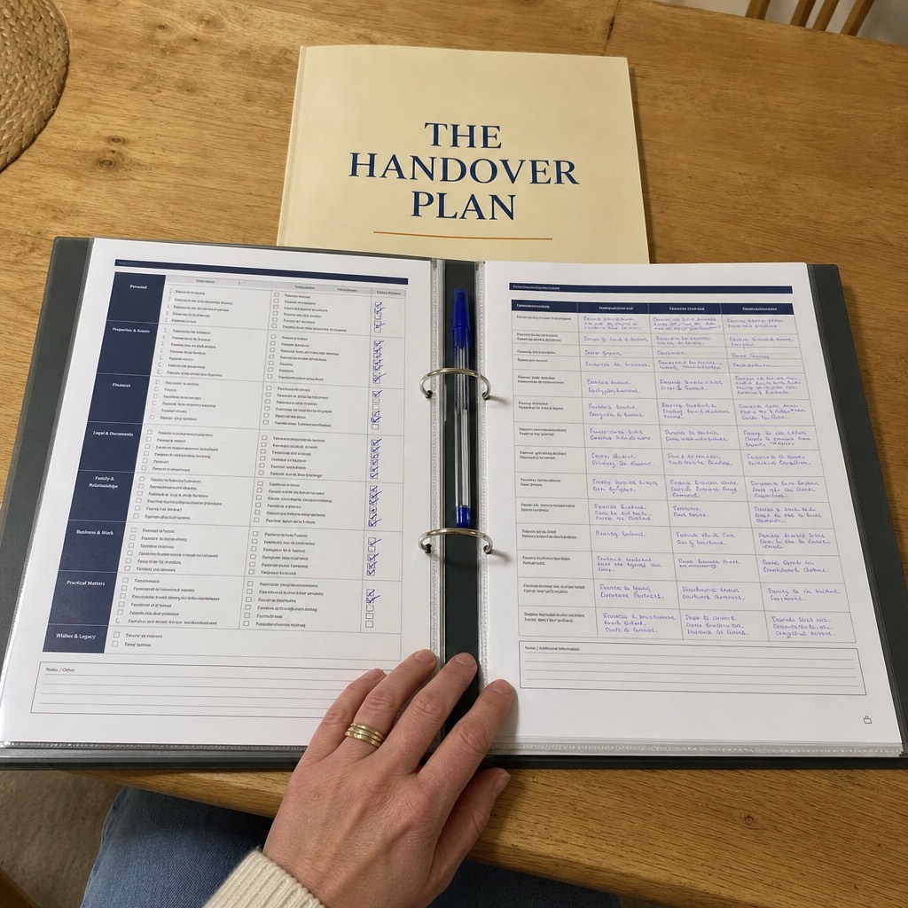 The Handover Plan — binder open on the needs checklist and the how-to guide